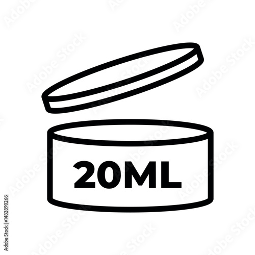 open container with lid, 20ml capacity, black and white line drawing, packaging concept, isolated on white background