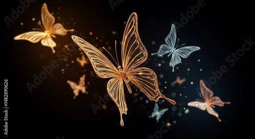 Elegant Golden and Silver Butterflies in Flight Abstract Dark Background Sparkling Dust