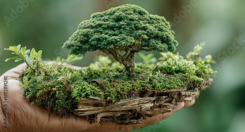 Wallpaper Mural Miniature ecosystem held in a hand. A miniature landscape with a small tree, moss, and other greenery, resting on a hand.  The scene represents the fragility and beauty of nature Torontodigital.ca