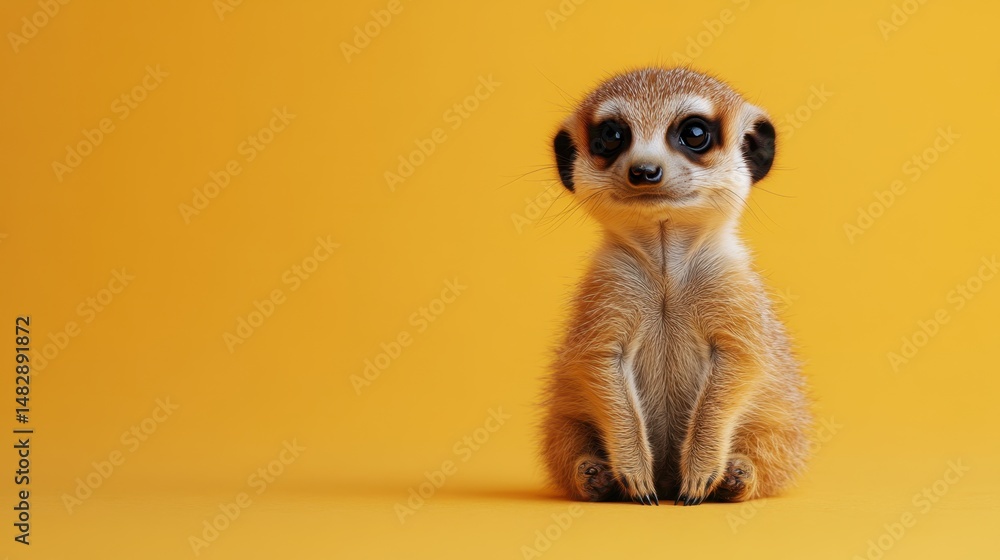 Fototapeta premium Lindo retrato de cuerpo entero de suricata bebé sobre fondo rosa claro para educación sobre la vida silvestre y protección animal.