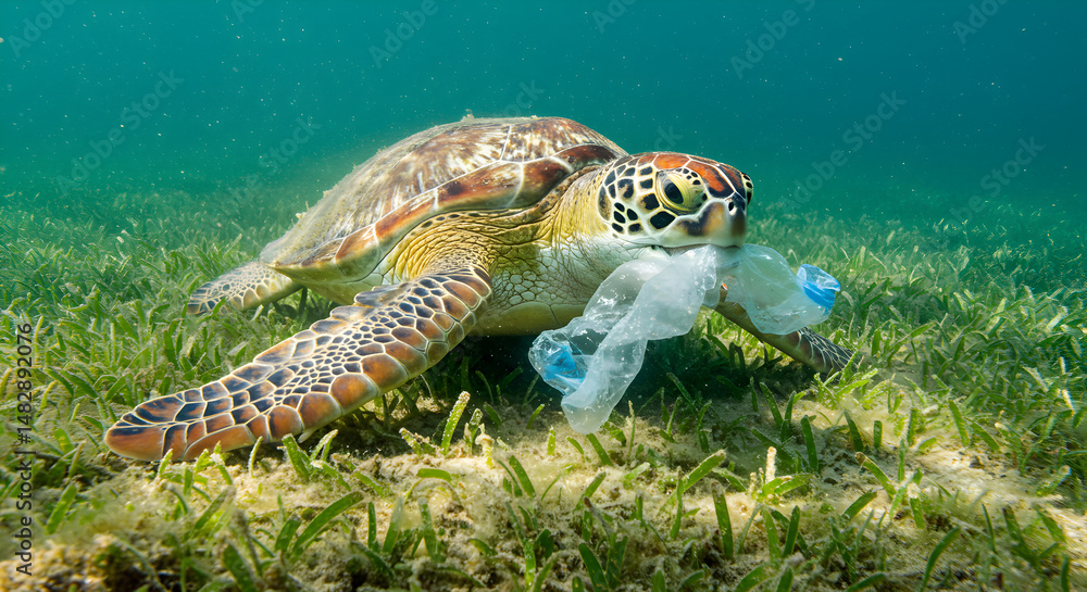 Obraz premium Sea Turtle Grips Plastic Bag Underwater in Bright Turquoise Ocean with Sea Grass and Sunlight