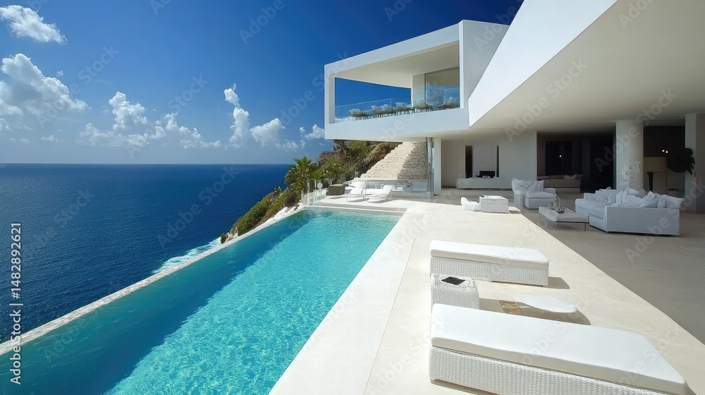 Fototapeta premium Contemporary white house with rooftop terrace and panoramic sky view, minimalist design