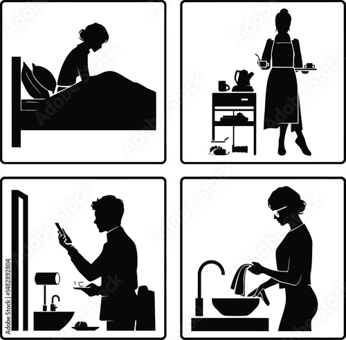 Vector Silhouette Illustration of Daily Morning Routine Activities Including Waking Up, Cooking, Shaving, and Washing Dishes Depicting Household Chores and Lifestyle

