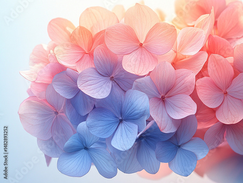 Wallpaper Mural Lush hydrangea cluster with translucent gradient petals in soft pink to ethereal blue hues, dramatic backlight creating luminous halo effect, nature-inspired floral art for wallpaper, branding,  Torontodigital.ca