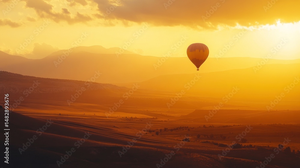 Fototapeta premium Golden Hour Hot Air Balloon Flight over Majestic Landscape