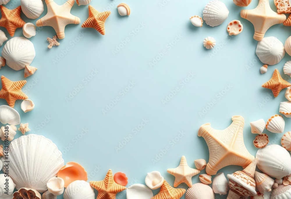 Obraz premium Seashells frame summer greeting card & blank paper on vibrant background, template, background