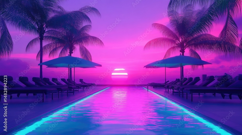 Fototapeta premium Cozy tropical resort moment with glowing horizon, umbrellas and chairs beside a pristine pool lined with coconut palms