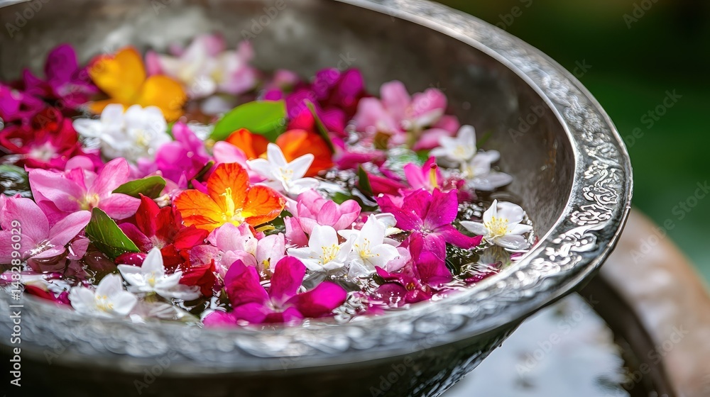 Decorative silver bowl filled with fragrant jasmine and colorful petals, symbolizing Songkran water-pouring ritual in Thai culture Decorative silver bowl filled with fragrant jasmine and colorful petals, symbolizing Songkran water-pouring ritual in Thai culture