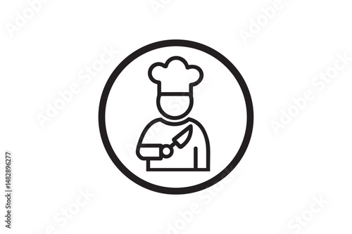 Chef Icon Vector – Line Art of Cook with Knife in Circle Badge.