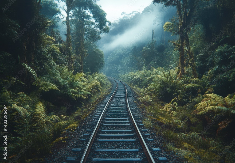 Fototapeta premium Sunlit Rainforest Path Train Tracks Through Lush Greenery