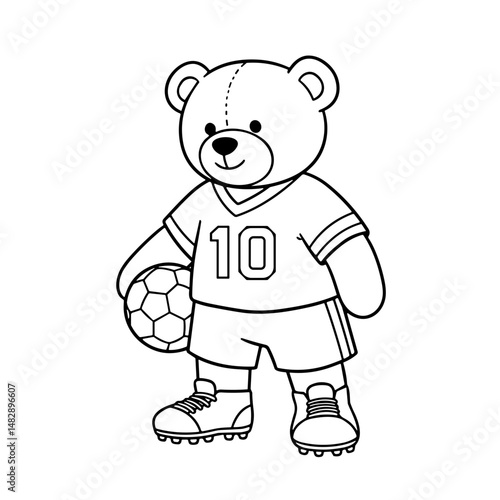Cute teddy bear holding a soccer ball in sports uniform  