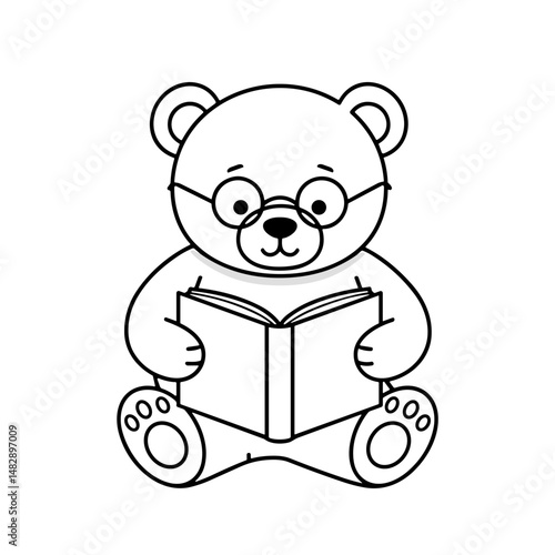 Cartoon bear reading a book while wearing glasses and smiling  