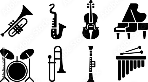 Elegant black and white illustrations of various musical instruments for creative design
