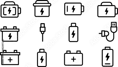 Outlined icons representing battery charging power sources and related technology concepts
