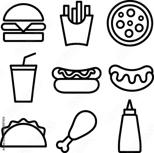 Simple outline icons representing various common fast food restaurant menu items and dishes