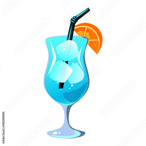 Blue Lagoon cocktail. Summer refreshing drink with ice cubes and orange slice. Vector illustration.