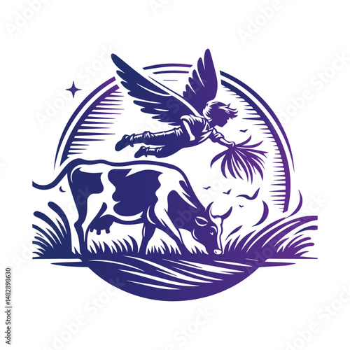 Peaceful rural scene of a farmer and water buffalo. A stylized illustration of a farmer tending to a water buffalo in a peaceful rural setting.