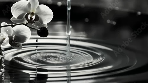 Elegant white orchid with water droplets creating ripples