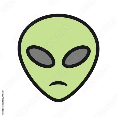 Green alien with dark oval eyes and neutral face