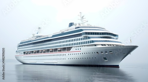 A large white cruise ship with blue accents sails on calm water against a misty background