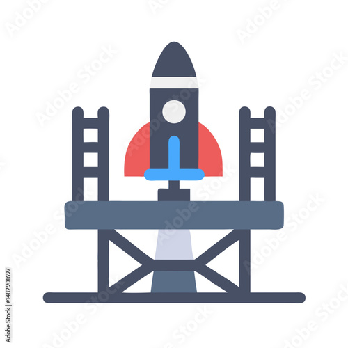 Rocket on gray launch platform in flat style