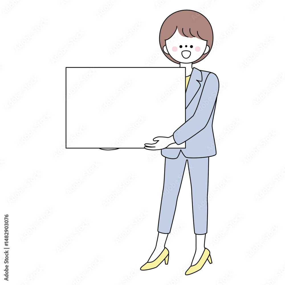 四角いフレームを掲げるスーツの女性のイラスト 四角いフレームを掲げるスーツの女性のイラスト