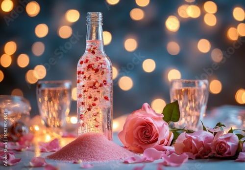 Elegant Glass Bottle with Colorful Sand and Fresh Roses on Table