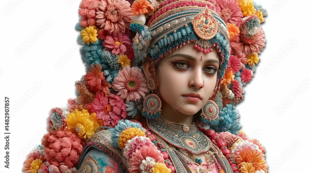 Vibrant goddess durga celebration cultural festival with traditional ornaments in floral environment Vibrant goddess durga celebration cultural festival with traditional ornaments in floral environment