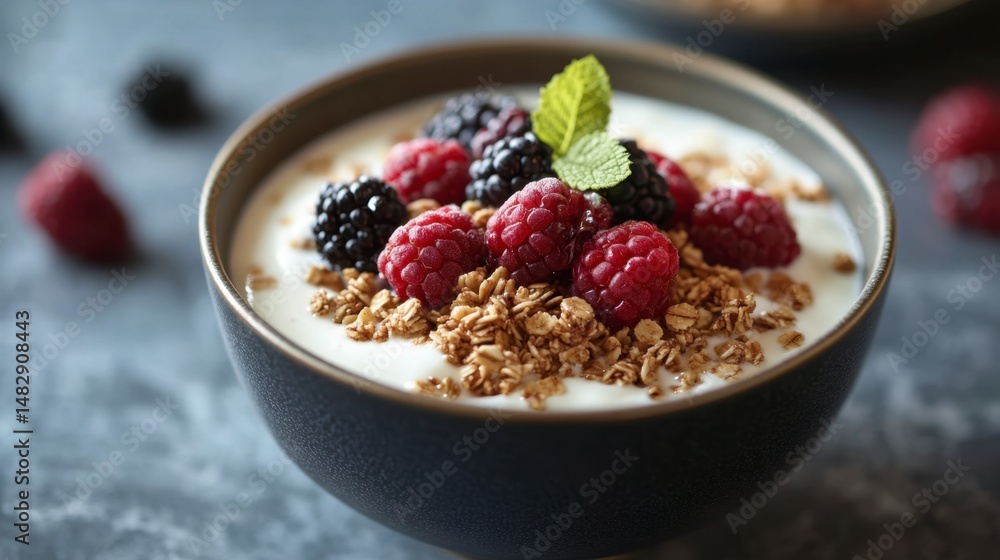 Fresh Yogurt Bowl with Berries and Granola in Stylish Bowl Fresh Yogurt Bowl with Berries and Granola in Stylish Bowl