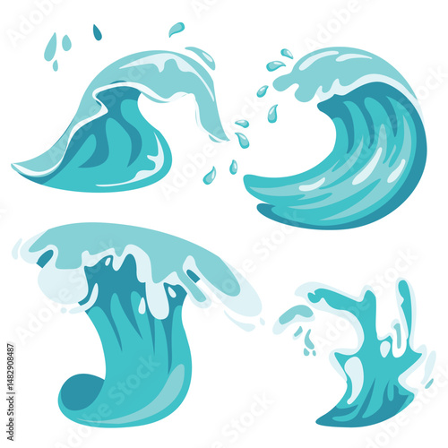 Sea waves. The tide is in the form of a wave. Vector drawing of the water element. On a transparent background. 