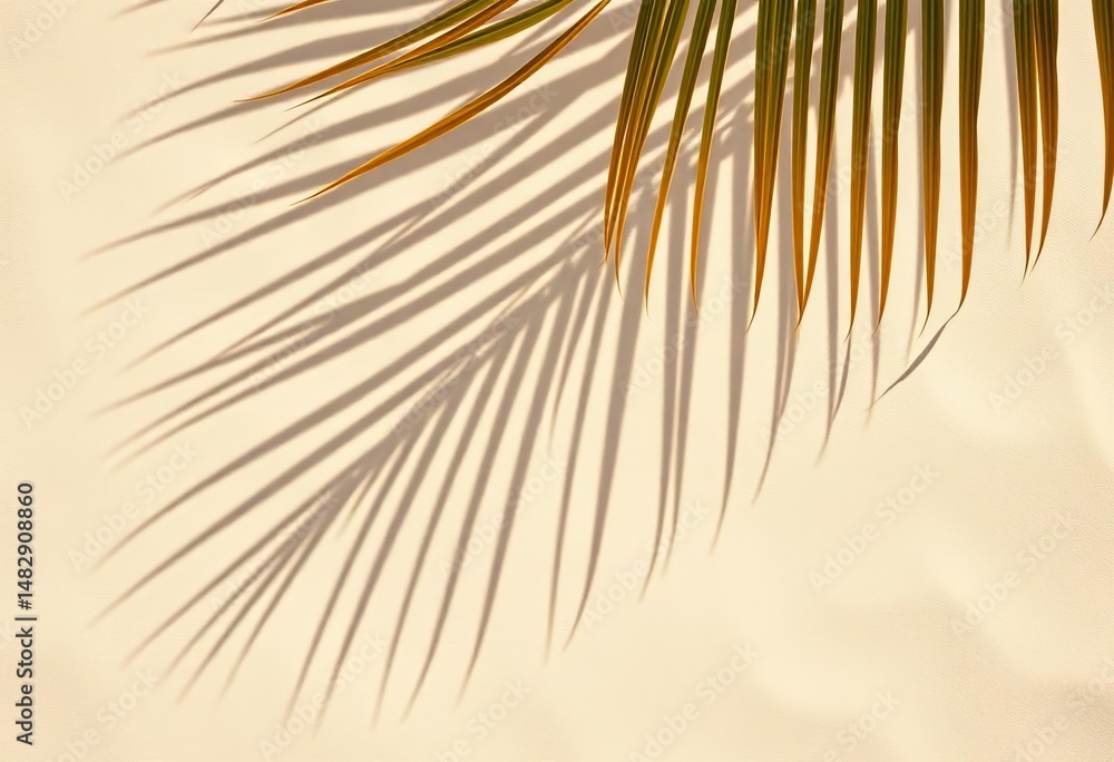 Fototapeta premium Natural palm leaf shadow cast on light beige sand Summer minimal concept, top view, sand