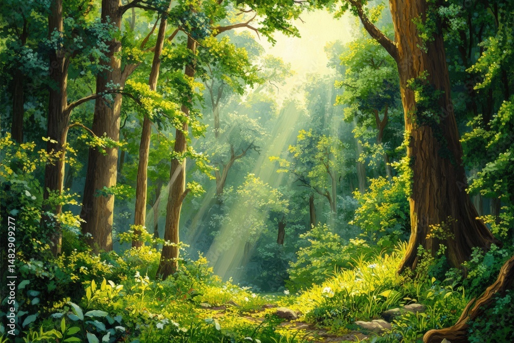 Obraz premium Sunlight streams through a dense forest with lush green foliage and tall trees