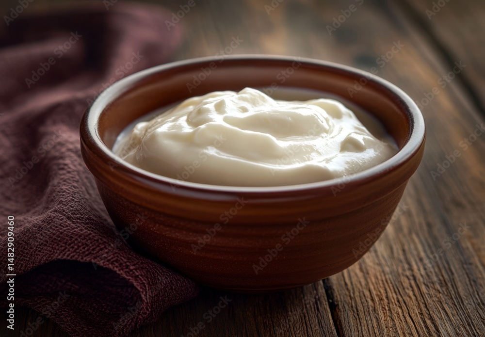 Creamy yogurt in a rustic bowl on wooden table with cloth napkin Creamy yogurt in a rustic bowl on wooden table with cloth napkin