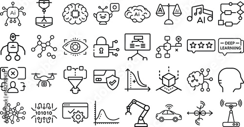  Vector icon set  Artificial Intelligence , machine learning, smart robotic, Neural Network,  Robotic Arm, Self-Driving Ca, AI Brain Chip, Computer Vision  of different professions on white background