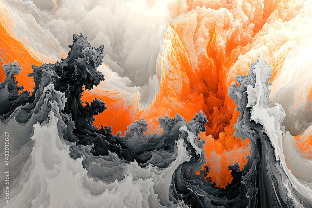 Abstract art featuring gray and white cloud like structures with orange background and bright light