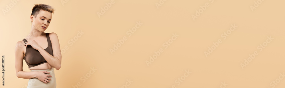 Confident young woman celebrates body positivity with grace and style in a warm toned setting Confident young woman celebrates body positivity with grace and style in a warm toned setting