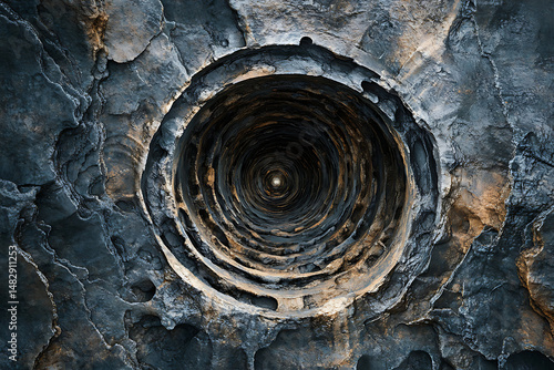 Looking up inside a deep well with rough stone walls and a distant light at the bottom of the hole