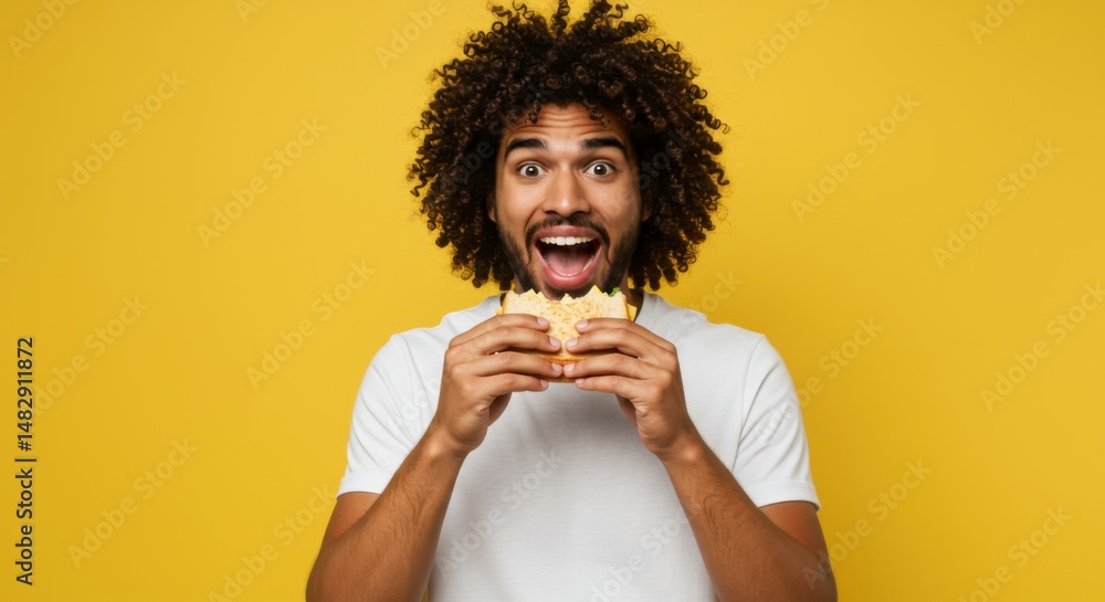 Excited man enjoying delicious burger in bright yellow environment lifestyle content fun expression cheerful mood food enthusiast Excited man enjoying delicious burger in bright yellow environment lifestyle content fun expression cheerful mood food enthusiast