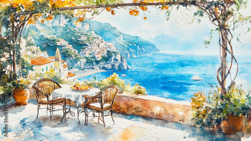 Hand-painted watercolor of a romantic breakfast scene on Italyâ€™s Amalfi Coast