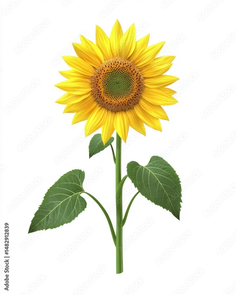 Fototapeta premium Bright Sunflower with Yellow Petals and Green Leaves on White Background