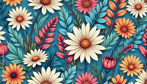 Intricate line art floral pattern, daisies & foliage, stylish repeat , white, seamless