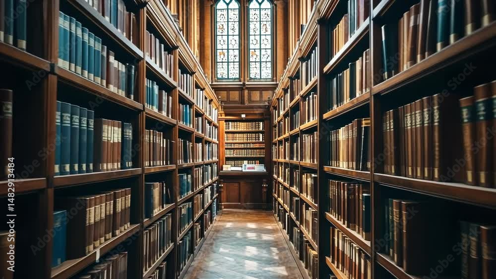 Exploring the aisles of a sunlit library with endless antique bookshelves