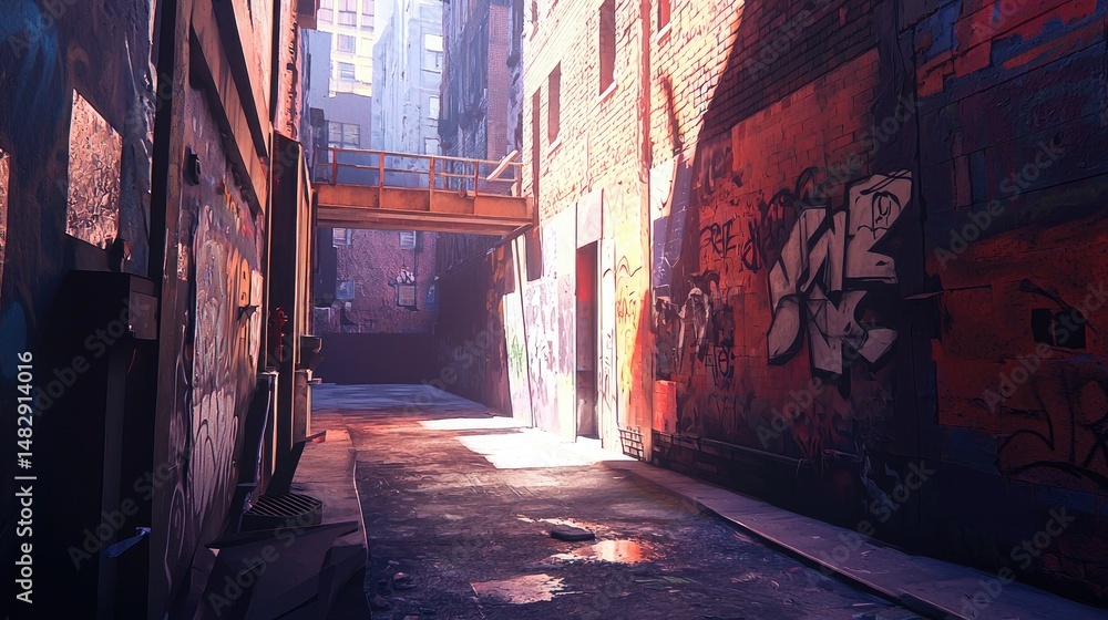 Fototapeta premium Urban alleyway bathed in sunlight and graffiti.