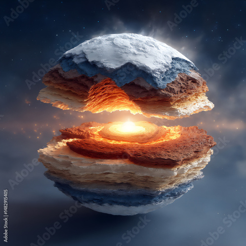 Fototapeta Naklejka Na Ścianę i Meble -  dramatic and scientific 3d rendering illustration showcasing a cross-section of a planet