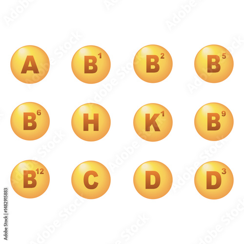 Set of multi vitamin complex icons. Multivitamin supplement. Vitamin A, B group B1, B2, B3, B5, B6, B9, B12, C, D, D3, K1. Essential vitamin complex. Vector illustration