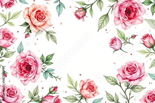 Delicate watercolor roses & leaves, repeating pattern, pattern, blossom