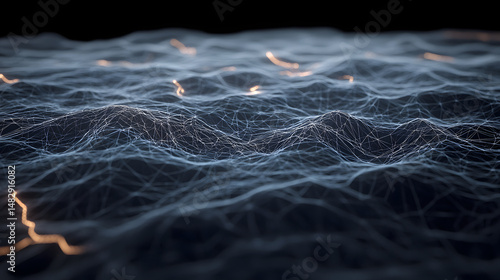Digital wireframe landscape with glowing lines and dark background, creating abstract and futuristic network effect with depth and motion