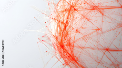 Digital abstract network of red and white interconnected lines and points forming spherical shape, symbolizing data flow and connectivity in modern technological context