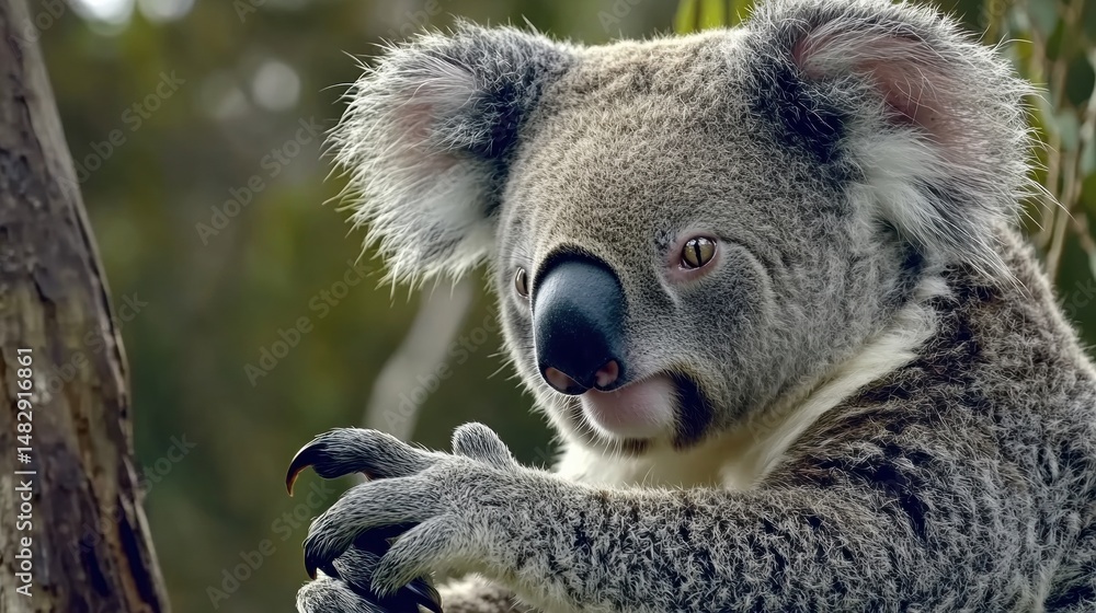 Naklejka premium Close-Up of a Koala Sitting on a Tree Branch in a Natural Habitat