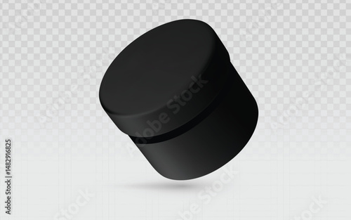 Realistic vector graphic of a black cylindrical box with lid, angled and floating. Isolated packaging object perfect for gifts, cosmetics, retail, or mockup design projects. Transparent background.